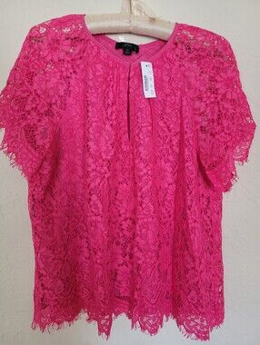 J CREW Pink Floral Lace Short-Sleeve Blouse Sheer Sleeves Medium / Large